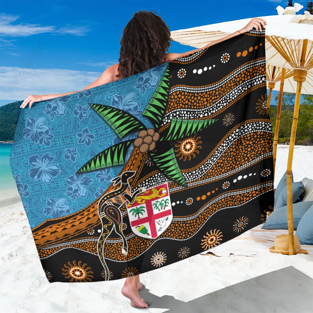Cream Fiji Tribal Hibiscus Plumeria Print Sarong South Pacific Beach Wrap Wholesale Pareo - main view