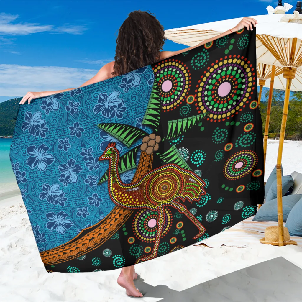Light Brown Fiji Sarong with Palm Tree & Aboriginal Emu Print, Beach Wrap for Resort Wear, Wholesale Pareo - main view