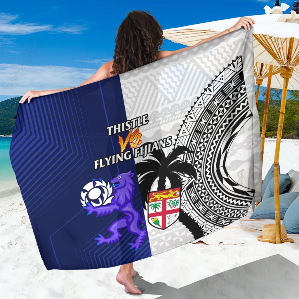 White Fiji Tapa Thistle Scotland Rugby Pattern Print Sarong South Pacific Island Beach Wrap Wholesale Pareo - main view