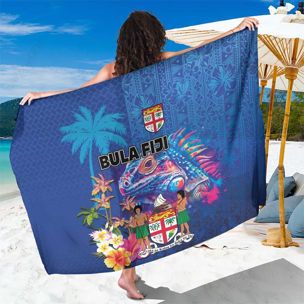 Colorful Fiji Bula Sarong with Tropical Palm Tree & Iguana Print, South Pacific Island Beach Wrap Wholesale Pareo - main view