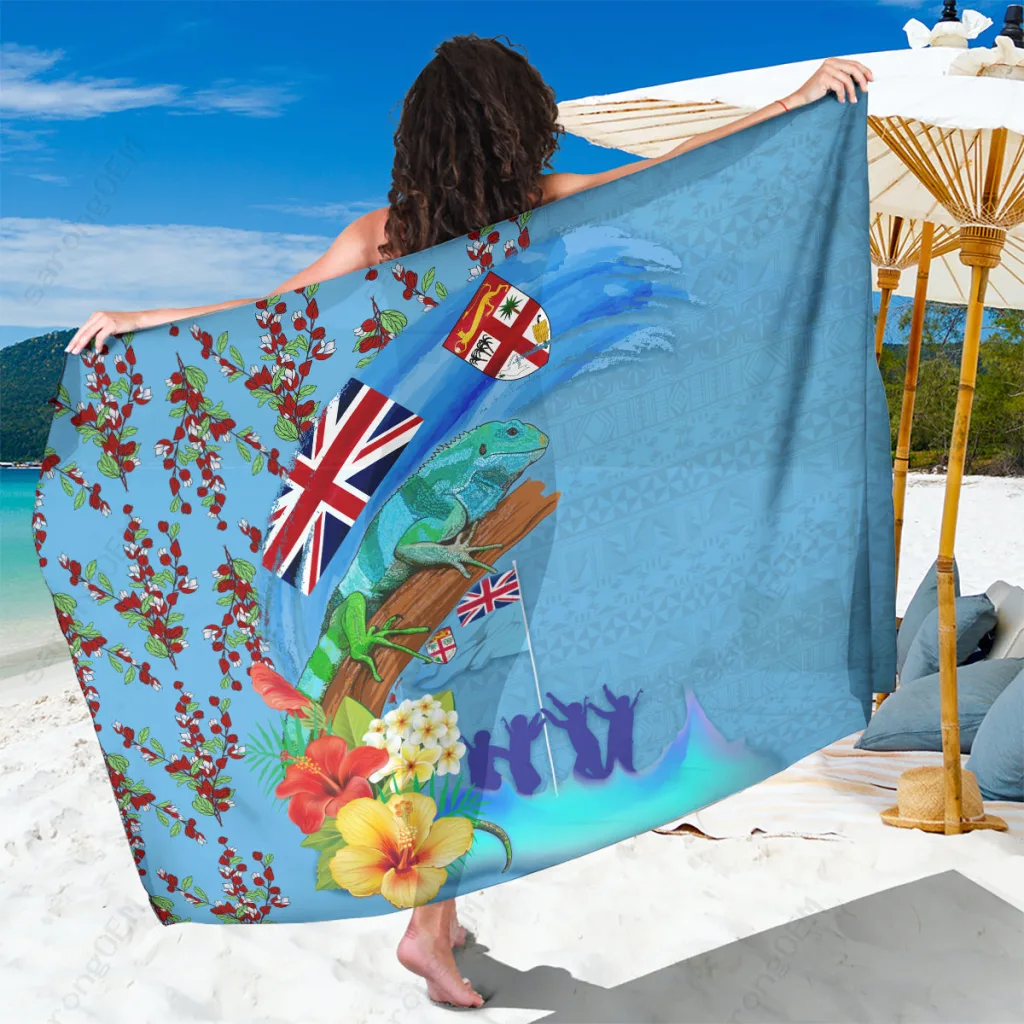 Deep Blue Fiji Tagimoucia Flower & Melanesia Pattern Print Sarong Tropical Island Beach Wrap Wholesale Pareo - main view