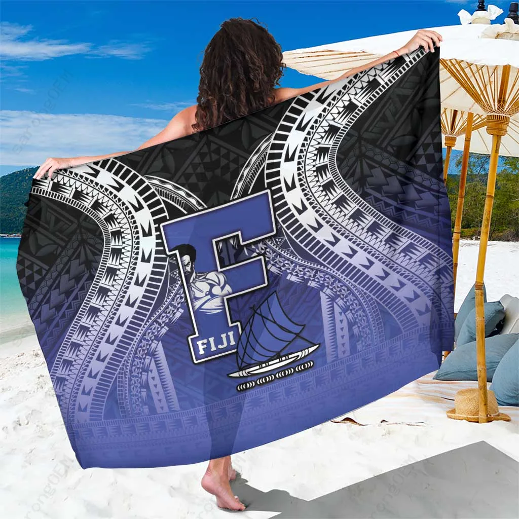 Cream White Fiji Drua Tapa Pattern Palm Frond Hibiscus Print Sarong South Pacific Island Beach Wrap Wholesale Pareo - main view