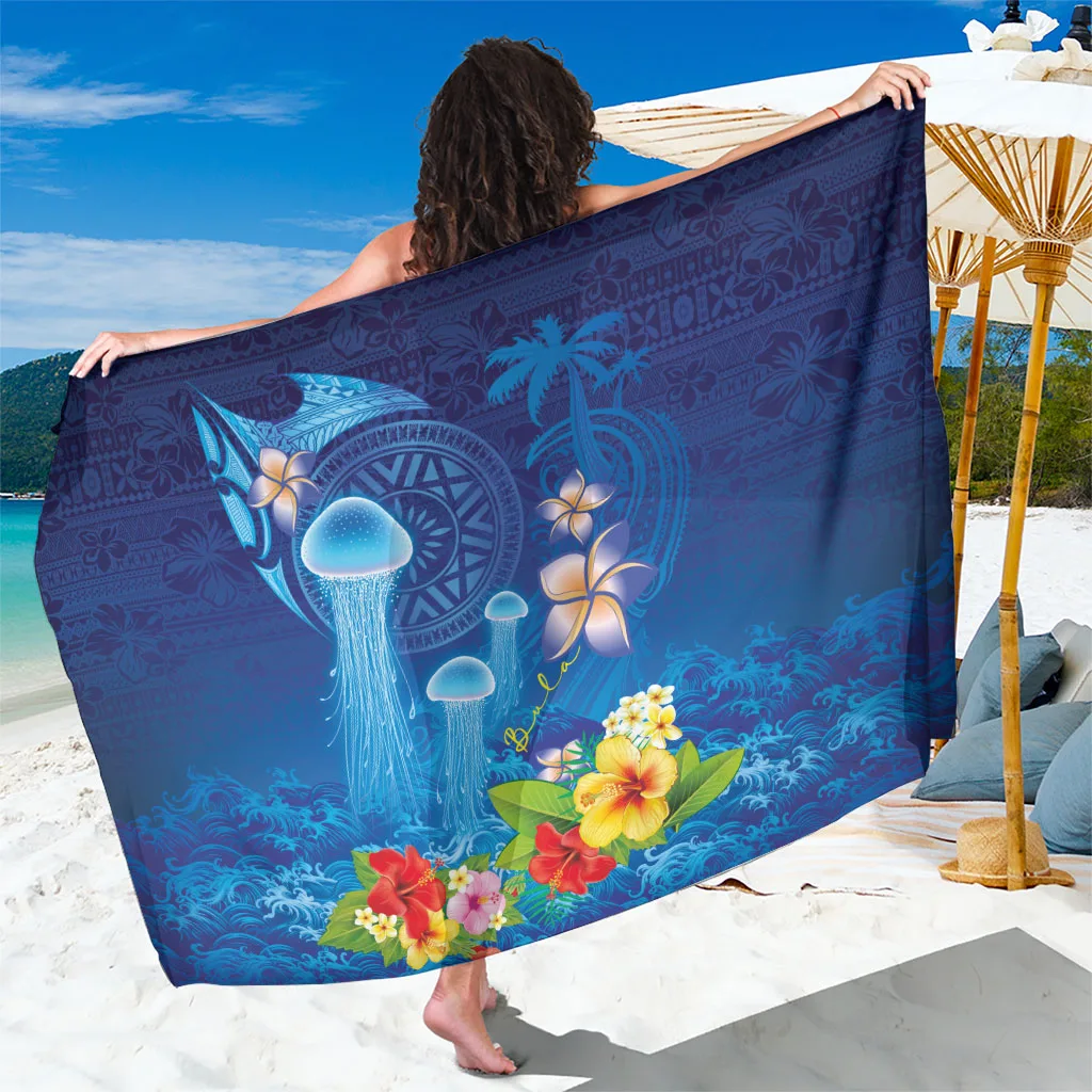 Blue Fiji Jellyfish Sarong with Hibiscus & Tapa Patterns Tropical Beach Wrap Pareo Wholesale - main view