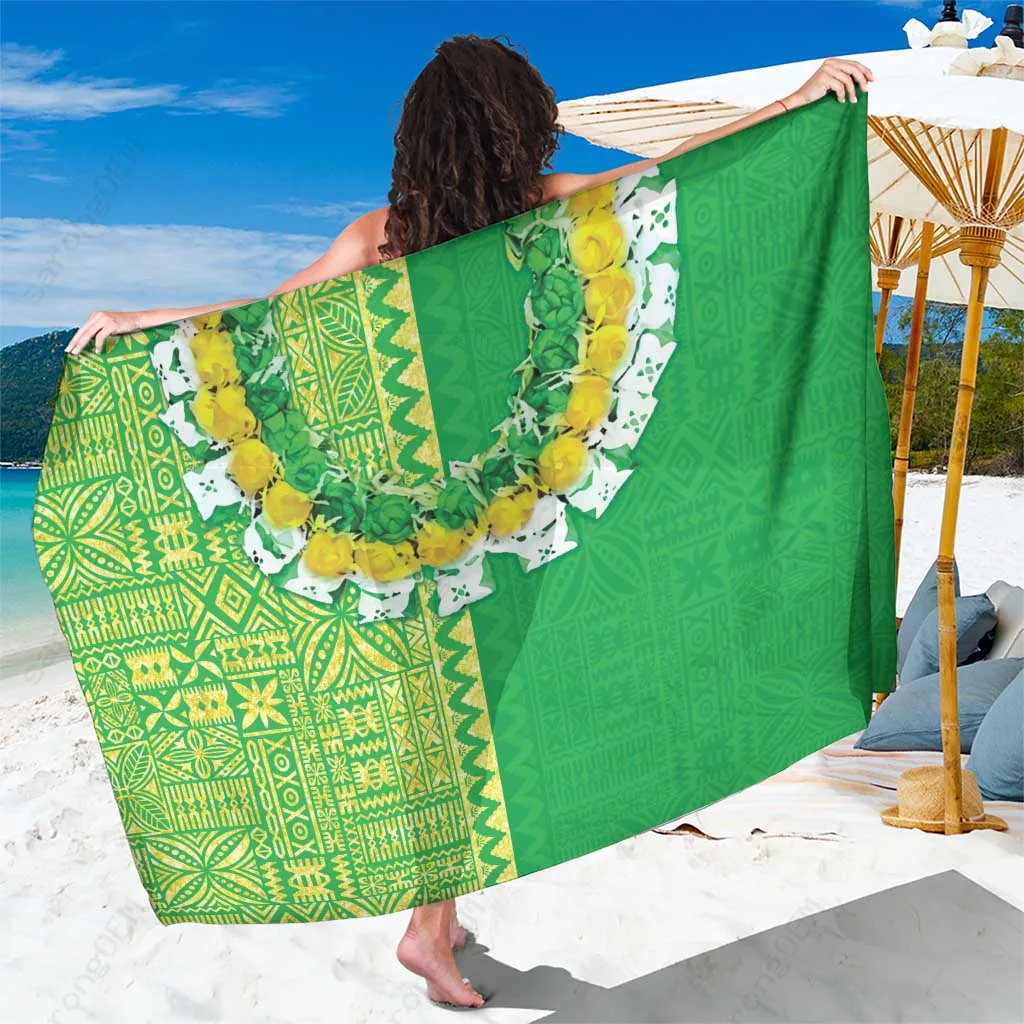 Green Fiji Lovoni Tapa Salusalu Gold Glitter Sarong Tropical Island Beach Wrap Wholesale Pareo - main view