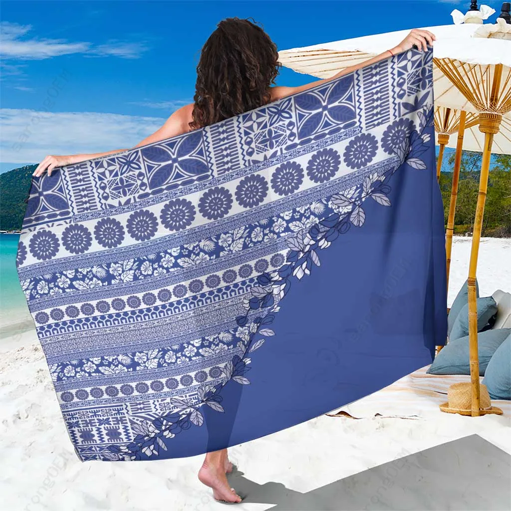 Fiji Blue Tribal Tapa Masi Mandala Print Sarong Rayon Beach Wrap Pareo for Resort Wholesale - main view