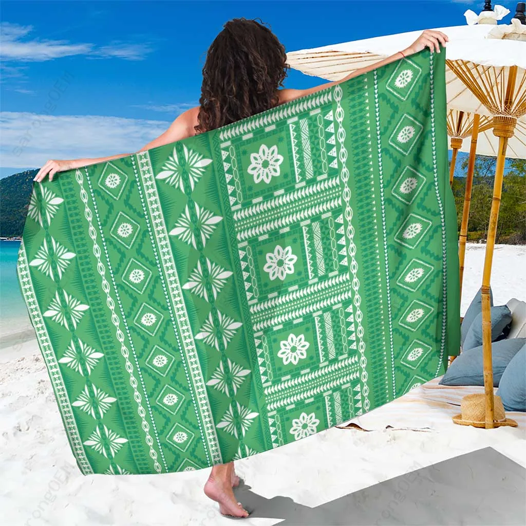 Fiji Masi All Green Tapa Pattern Sarong Tropical Beach Wrap Pareo for Resort Hotel Wholesale Custom - main view