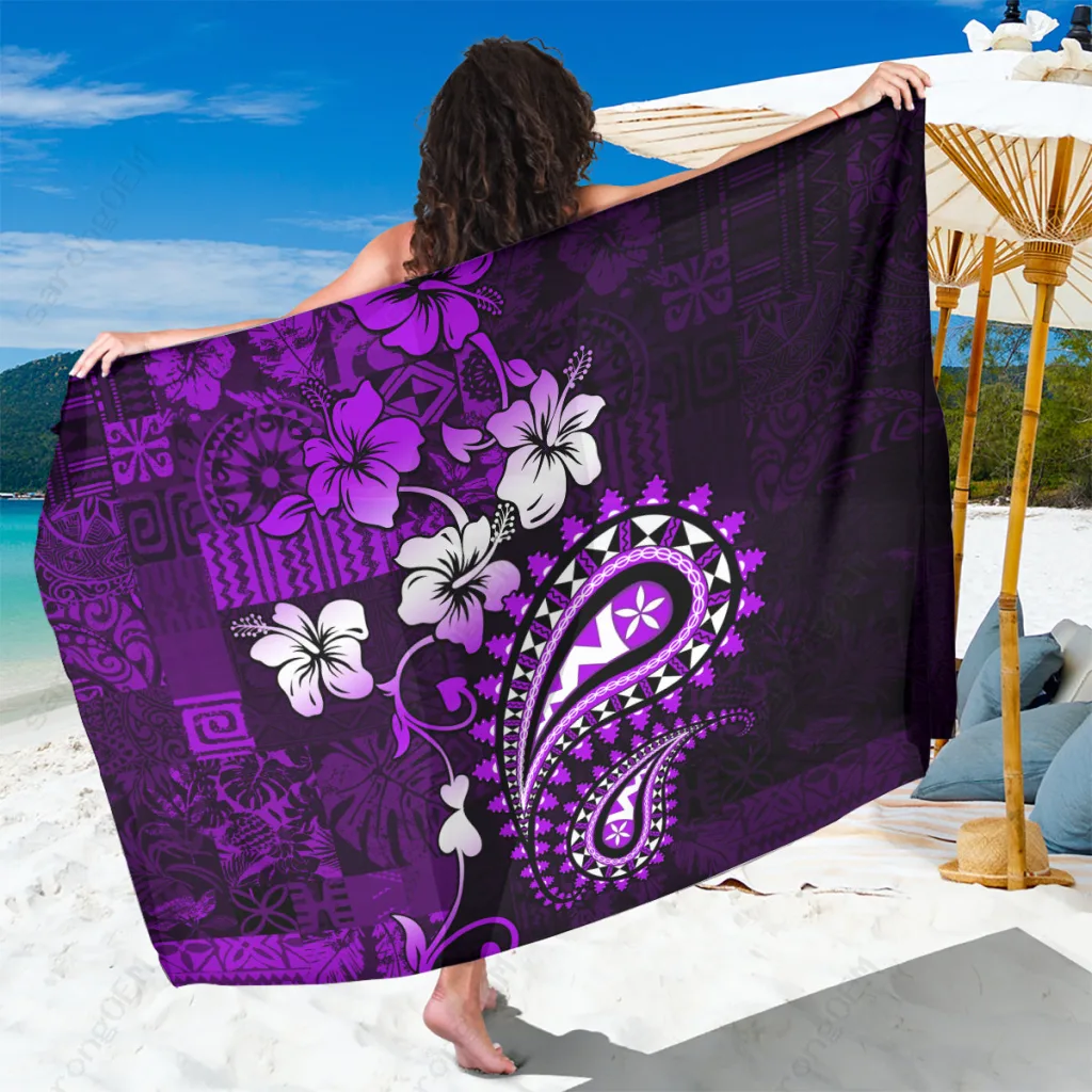 Purple Fiji Masi Paisley Hibiscus Tapa Print Sarong Tropical Beach Wrap Pareo for Resort Wholesale - main view