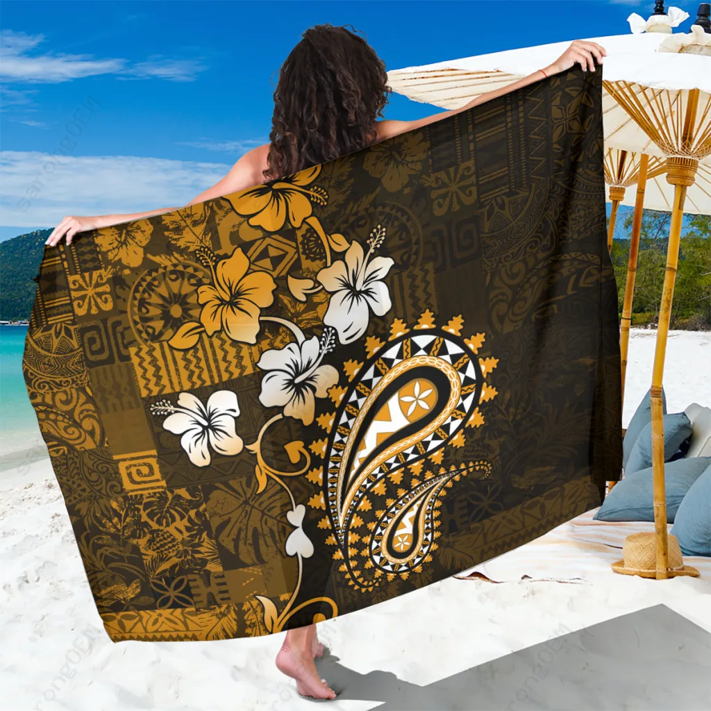 Gold Hibiscus Paisley Fiji Tapa Print Sarong South Pacific Resort Beach Wrap Wholesale Pareo - main view
