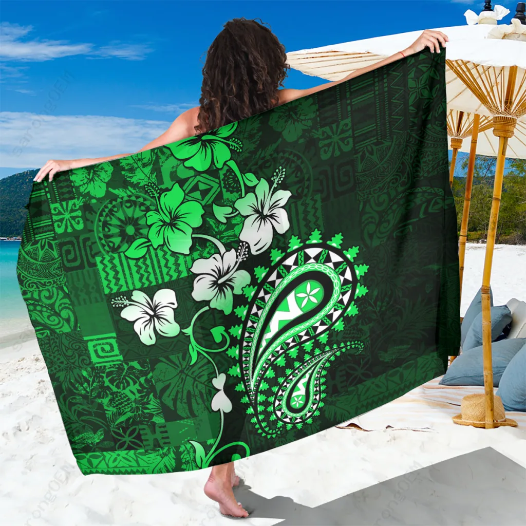 Green Fiji Masi Paisley Hibiscus Tapa Print Sarong South Pacific Beach Wrap Wholesale Pareo - main view