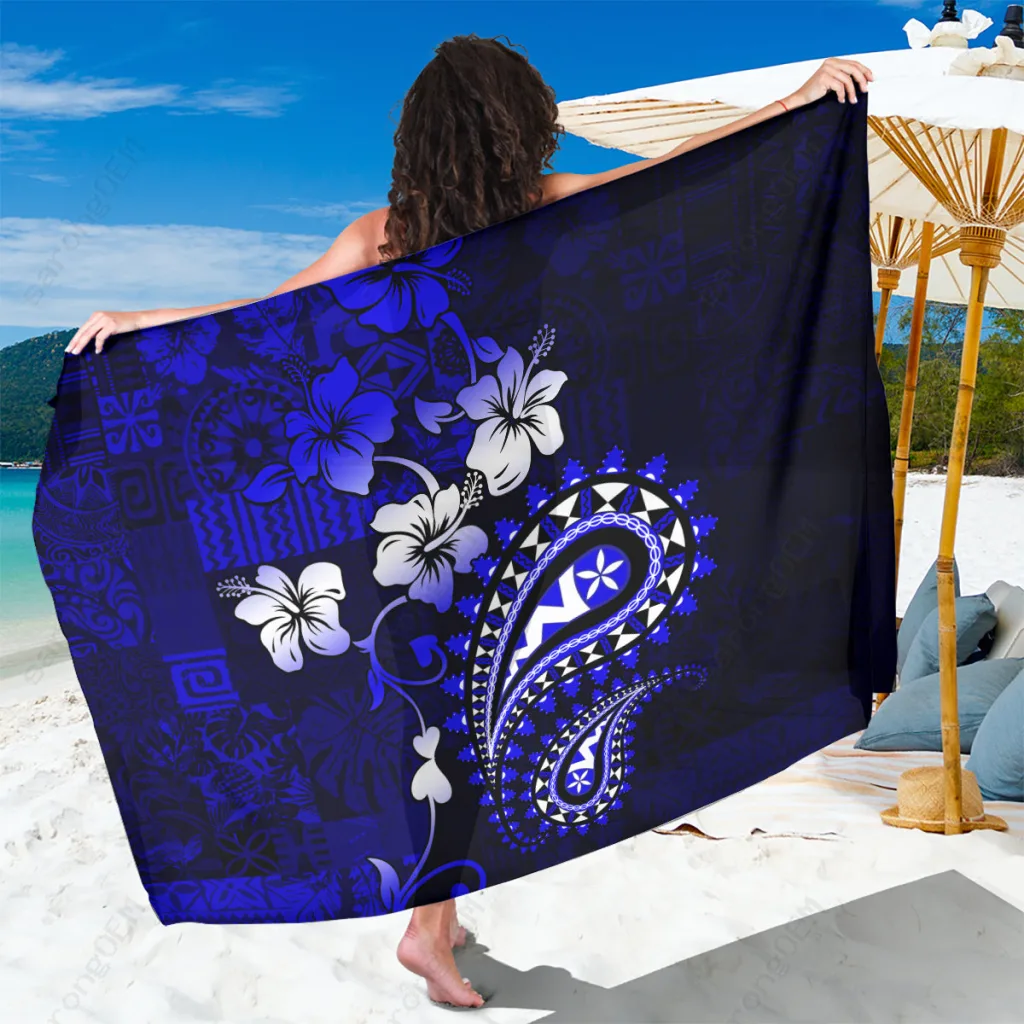 Navy Blue Fiji Masi Paisley Hibiscus Tapa Print Sarong South Pacific Beach Wrap Pareo Wholesale