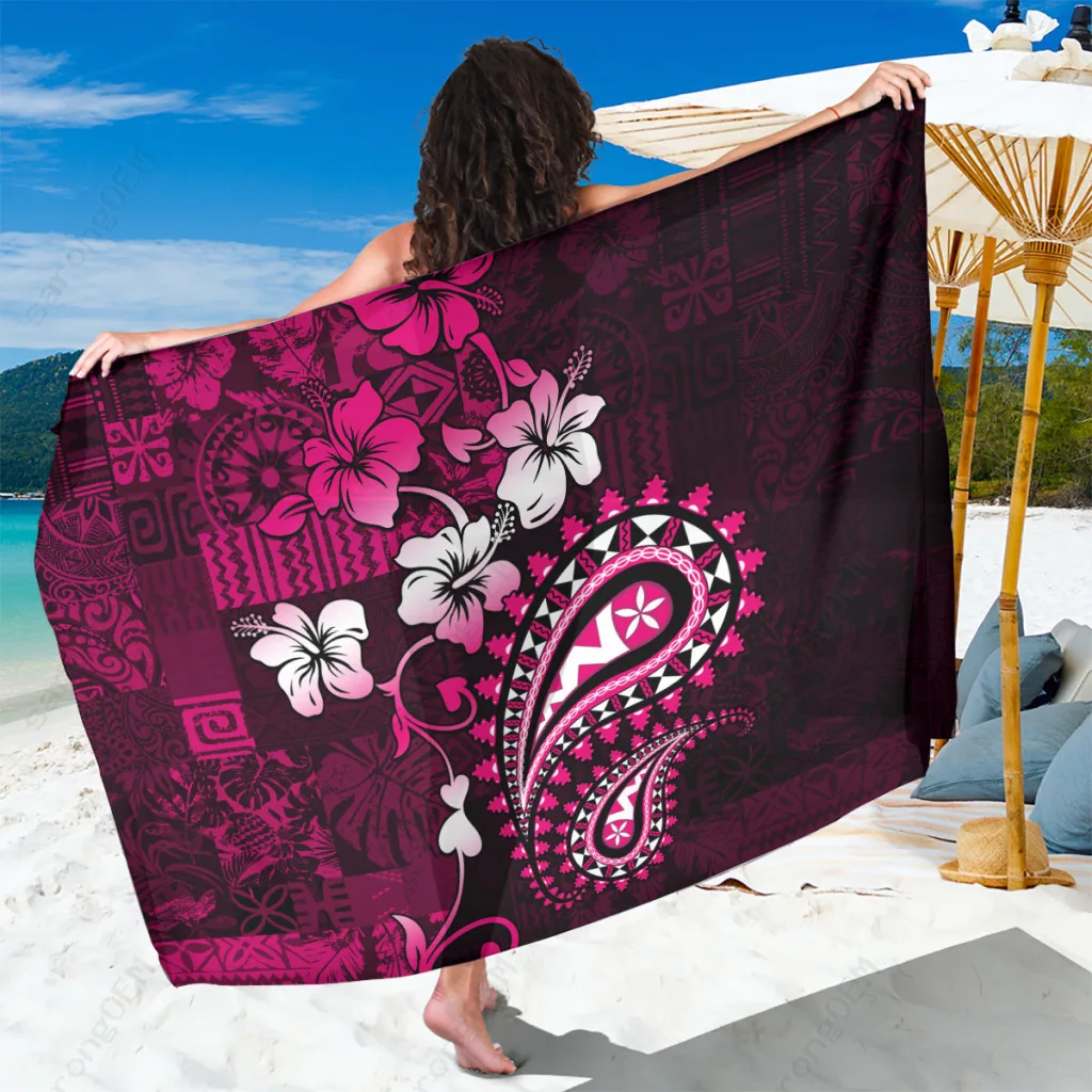 Pink Hibiscus Paisley Fiji Tapa Print Sarong Tropical Island Beach Wrap Wholesale Pareo - main view