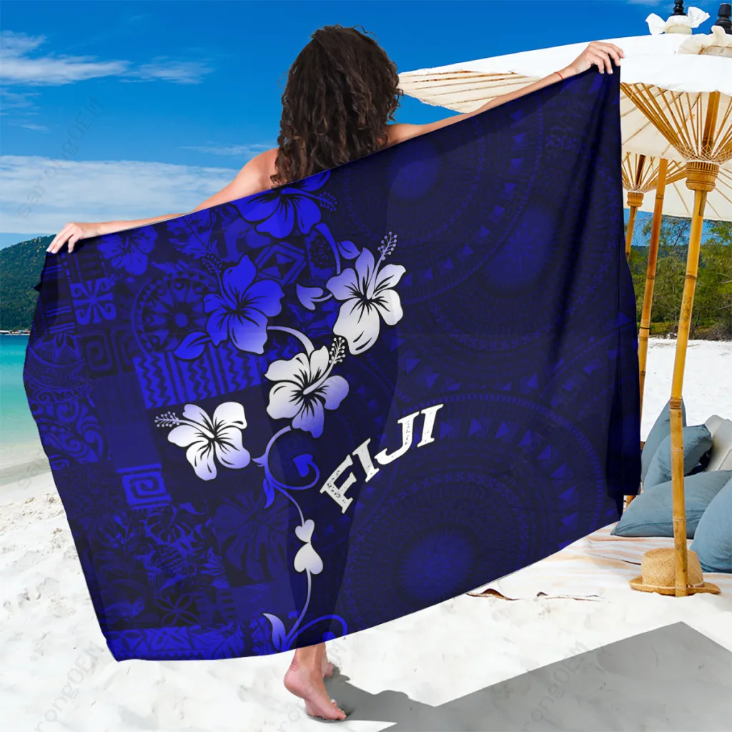 Navy Blue Fiji Masi Hibiscus Gold Tribal Print Sarong South Pacific Beach Wrap Wholesale Pareo - main view