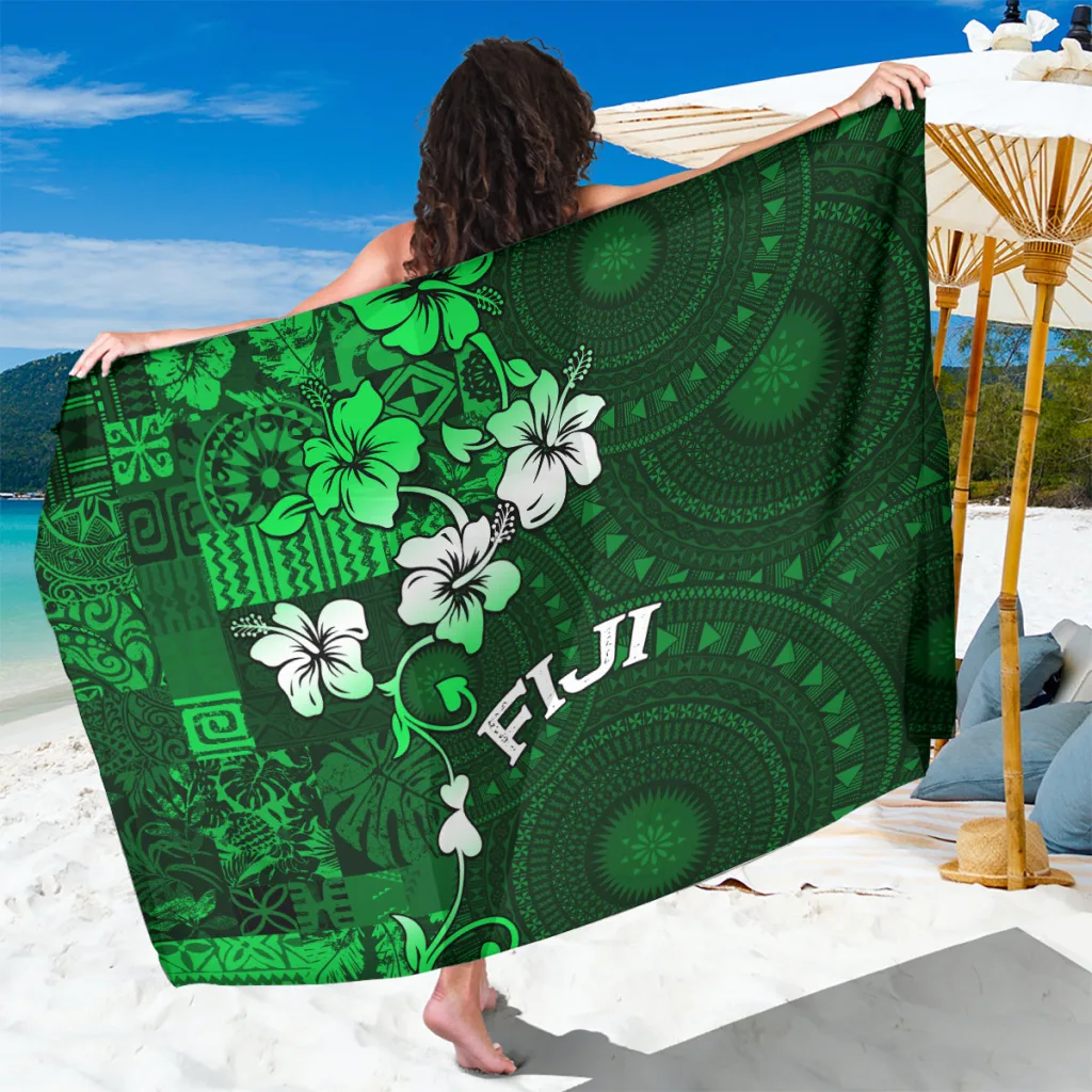 Fiji Green Hibiscus Tapa Print Sarong Tropical Island Beach Wrap Pareo Wholesale - main view