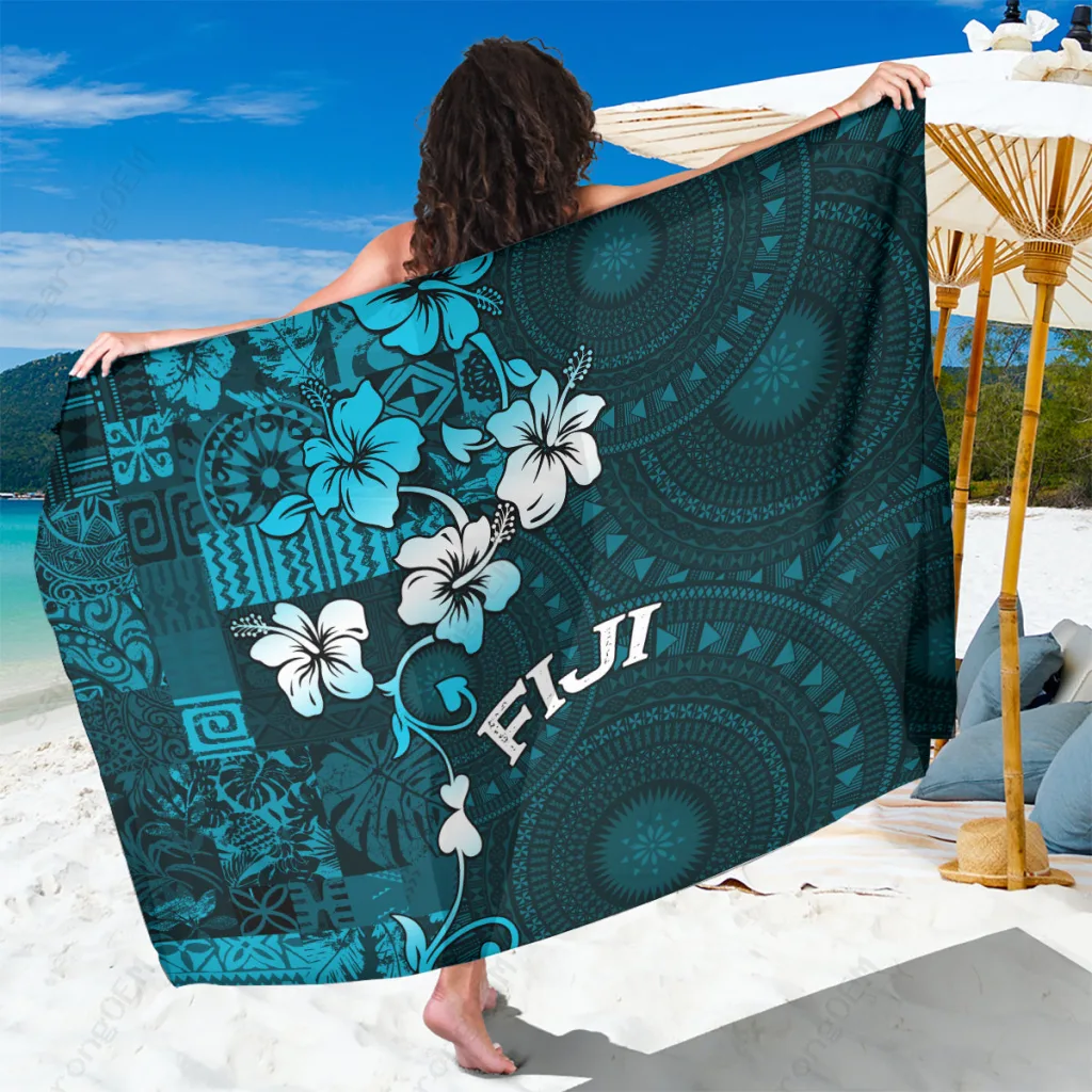Sky Blue Fiji Masi Tapa Hibiscus Print Sarong Beach Wrap Tropical Island Resort Wholesale Pareo - main view