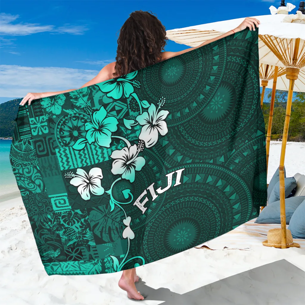 Turquoise Fiji Masi Hibiscus Tapa Print Sarong South Pacific Resort Beach Wrap Wholesale Pareo - main view