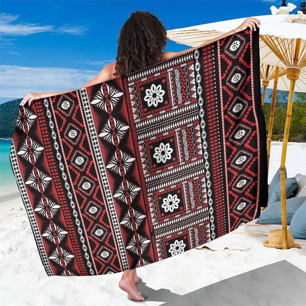 Red Fiji Masi Tapa Pattern Gold Tribal Print Sarong South Pacific Island Beach Wrap Wholesale Pareo - main view