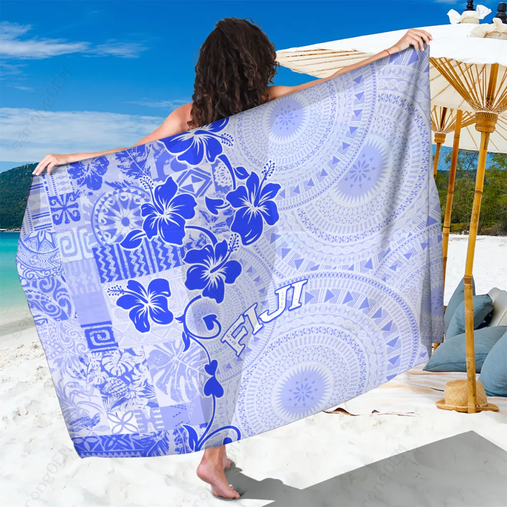 Blue Fiji Masi Hibiscus Tapa Tribal Sarong Beach Wrap Tropical Resort Pareo Wholesale - main view
