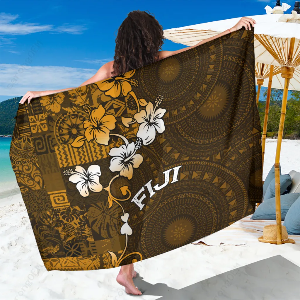 Gold Hibiscus Tapa Tribal Fiji Print Sarong South Pacific Beach Wrap Pareo Wholesale - main view