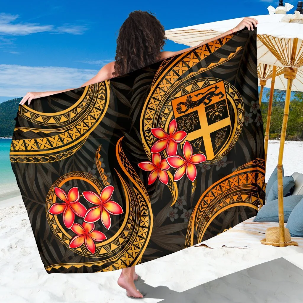 Gold Plumeria Fiji Floral Print Sarong Tropical Beach Wrap Pareo for Resort Hotel Wholesale - main view