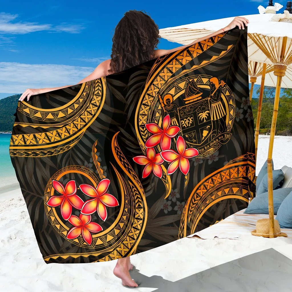 Gold Plumeria Fiji Coat of Arms Print Sarong South Pacific Beach Wrap Wholesale Pareo - main view