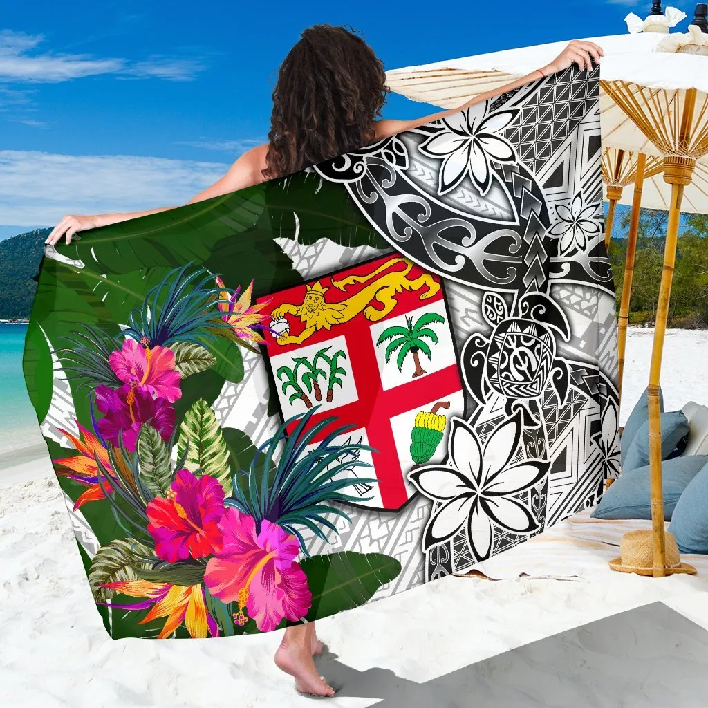 White Turtle Plumeria Banana Leaf Print Sarong Fiji Tropical Beach Wrap Wholesale Pareo - main view