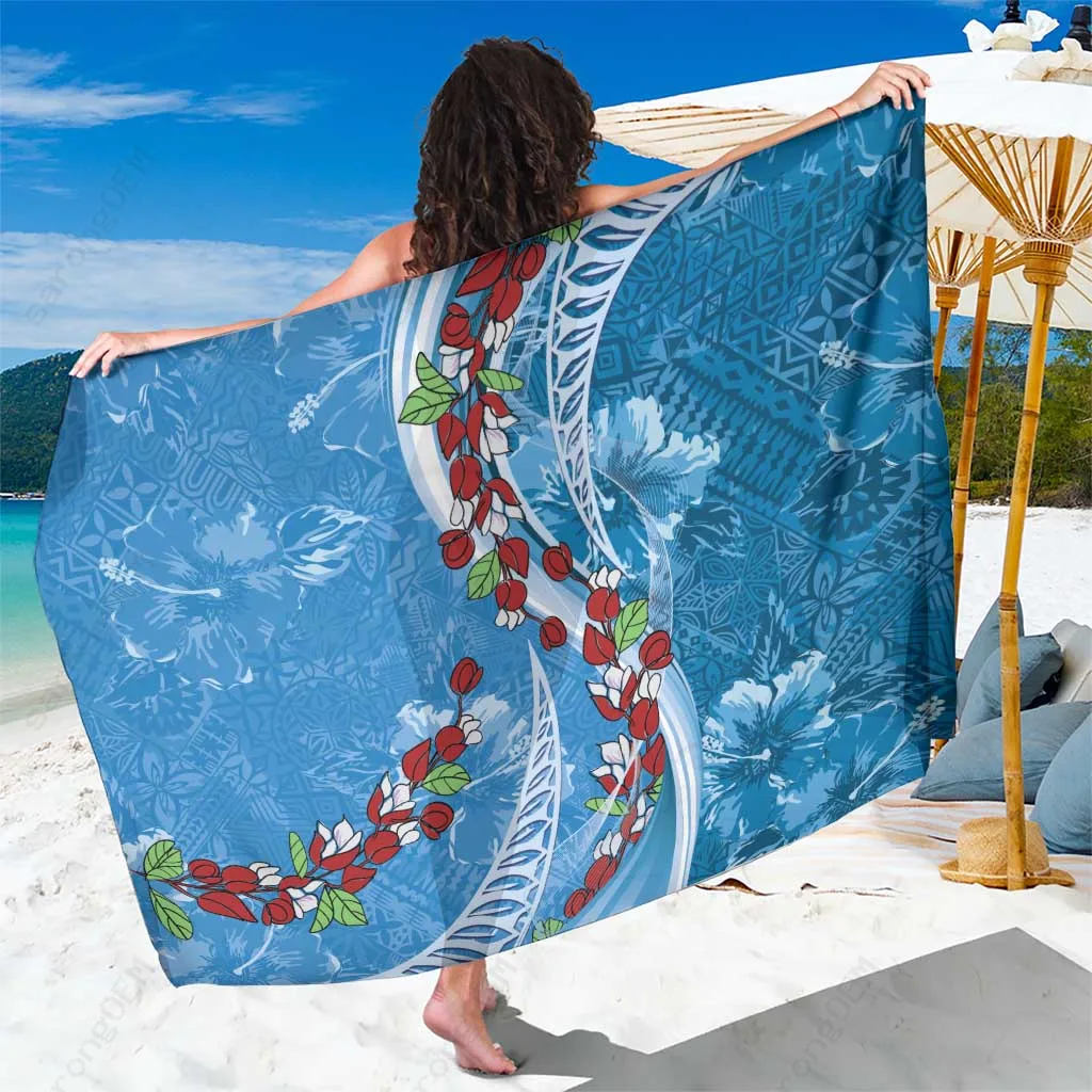 White Fiji Tagimaucia Floral Tapa Pattern Sarong South Pacific Beach Wrap Resort Cover Up Wholesale Pareo - main view