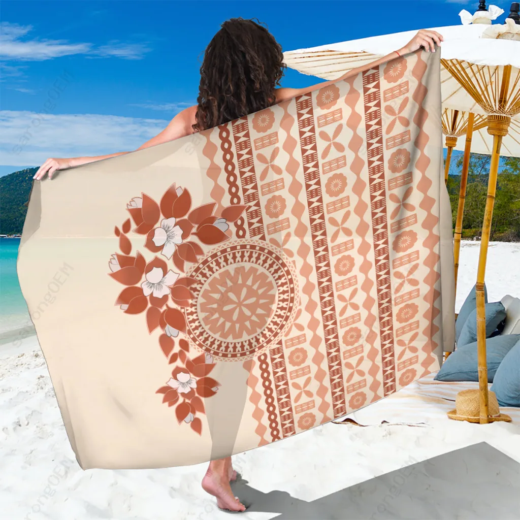 Beige Fiji Tagimoucia Flower Tapa Tribal Print Sarong Tropical Island Beach Wrap Wholesale Pareo - main view