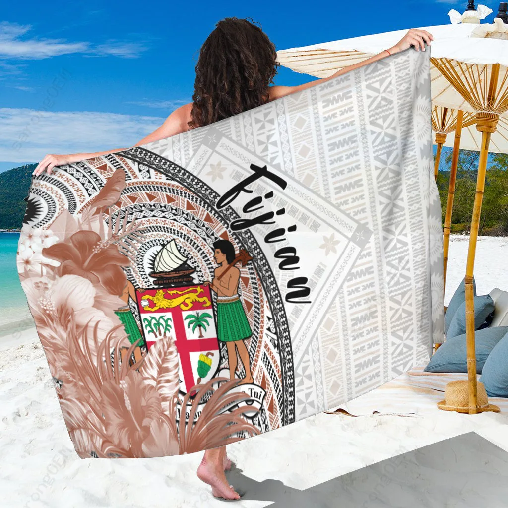 White Fiji Masi Hibiscus Tapa Print Sarong Beach Wrap Polynesian Resort Cover Up Wholesale Pareo - main view
