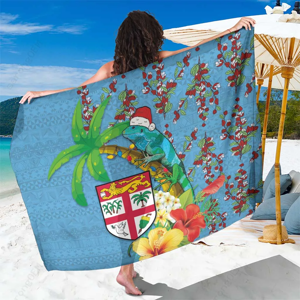Red Hibiscus Palm Tree Fiji Christmas Print Sarong Tropical Beach Wrap Wholesale Pareo - main view