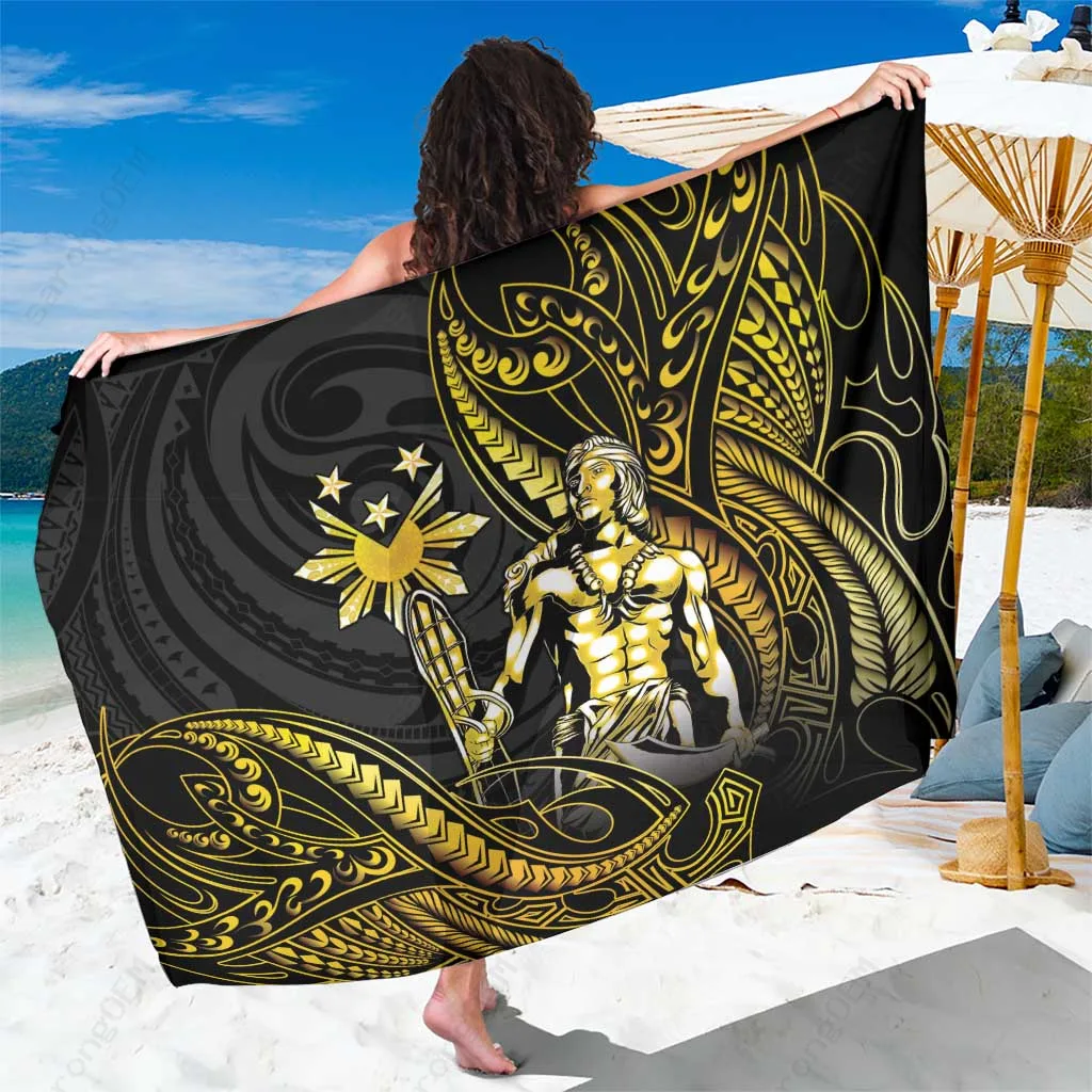 Gold Polynesian Tribal Tattoo Print Sarong Beach Wrap Island Resort Cover Up Pareo Wholesale - main view