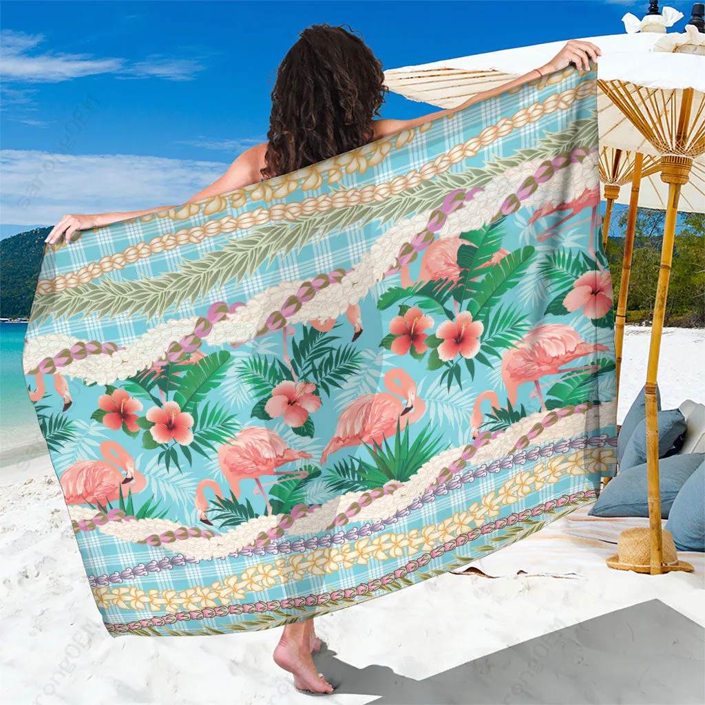 Pink Flamingo Hibiscus Plumeria Tropical Print Sarong Hawaiian Beach Wrap Cover Up Pareo Wholesale - main view