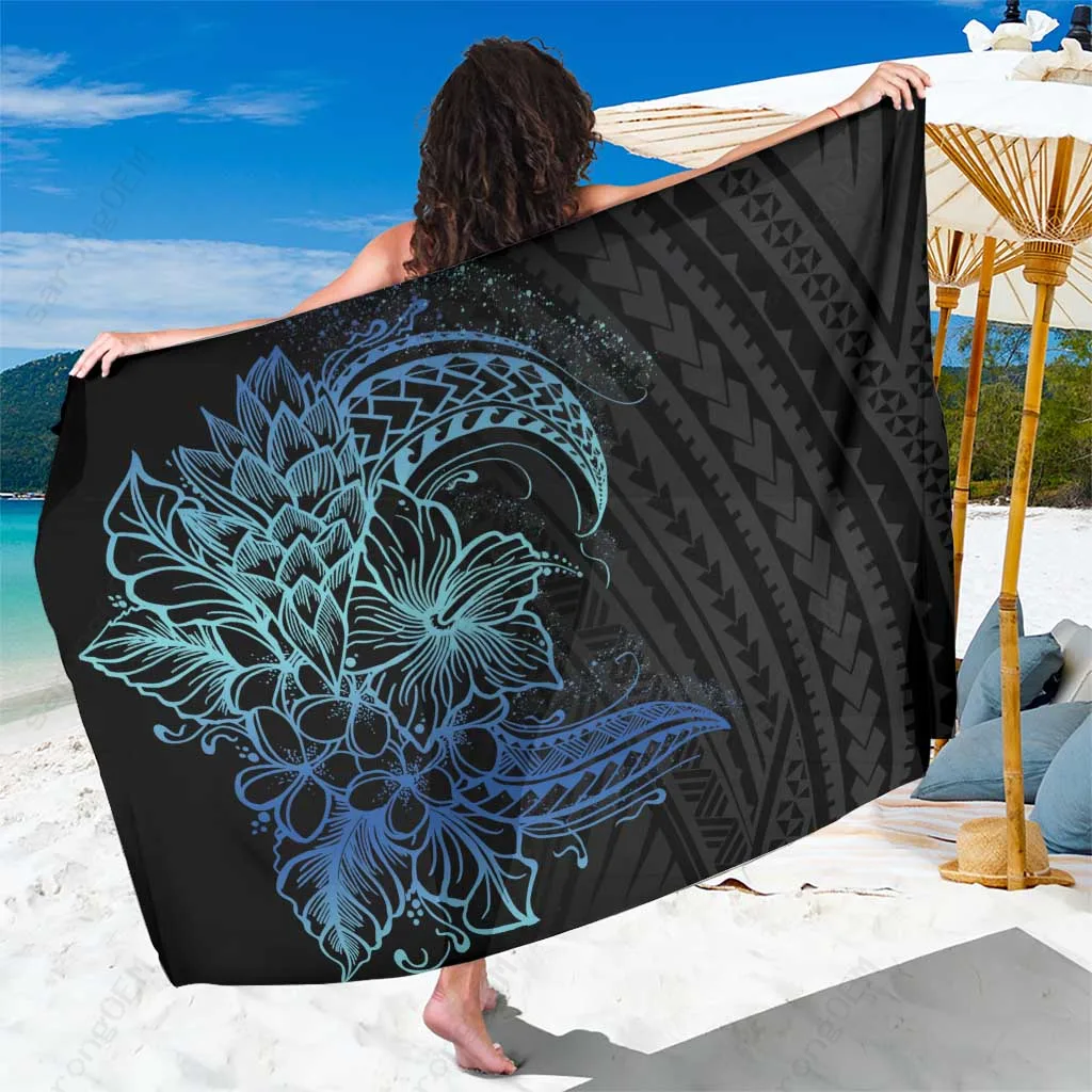 Blue Gradient Floral Polynesian Hibiscus Print Sarong Beach Wrap for Resort Hotel Wholesale Pareo - main view