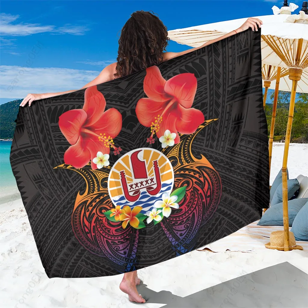 Multicolor French Polynesia Tiare Flower & National Seal Print Sarong Beach Wrap Pareo for Resort Wholesale - main view