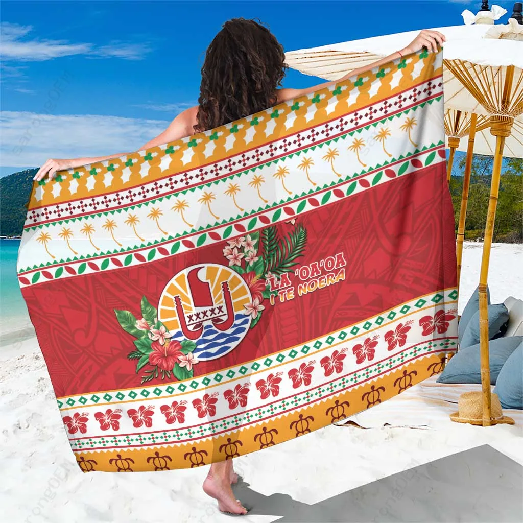 White Gold Coat of Arms Christmas Wreath Polynesian Print Sarong Beach Wrap Pareo for Resort Holiday OEM - main view