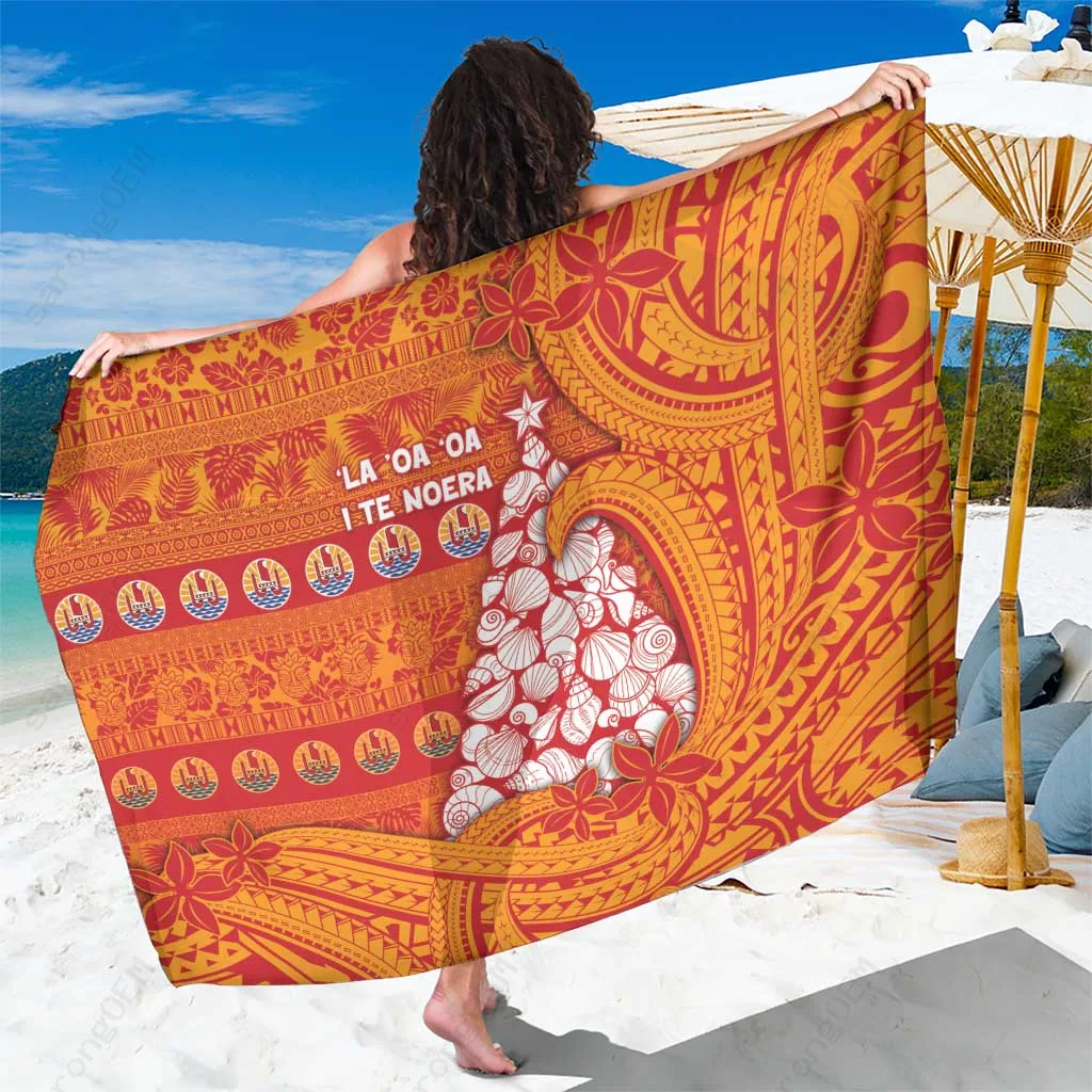 White Tribal Waves Seashell Xmas Tree Print Sarong Polynesian Beach Wrap for Resort Hotel Wholesale Pareo - main view