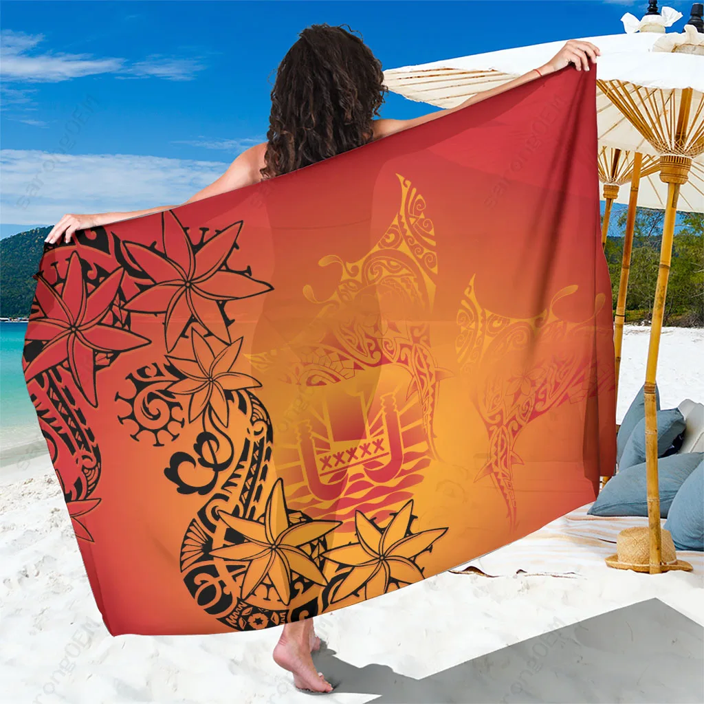 Gradient Manta Ray Tattoo Tiare Maori Print Sarong French Polynesia Beach Wrap Wholesale Pareo - main view