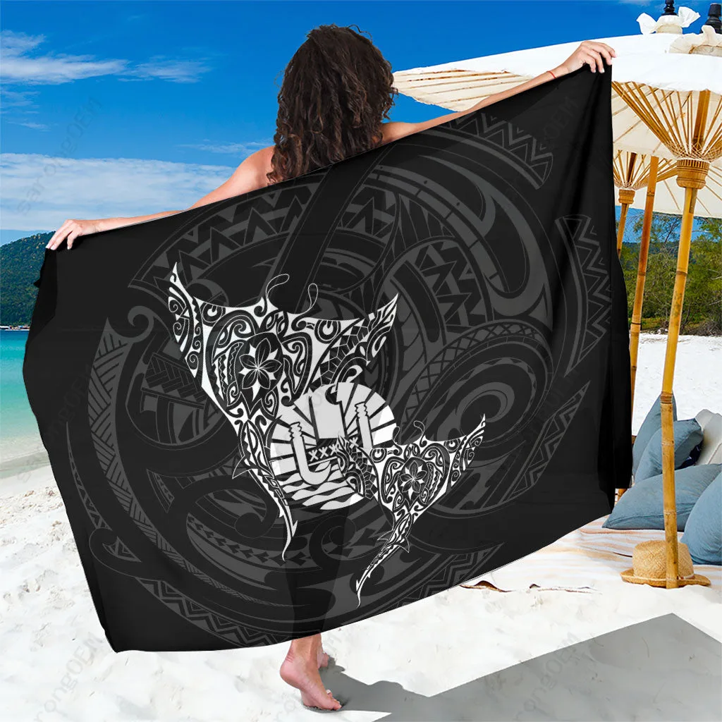 Black French Polynesia Manta Ray Turtle Tattoo Sarong Tahiti Hahalua Beach Wrap Pareo Cover Up Wholesale