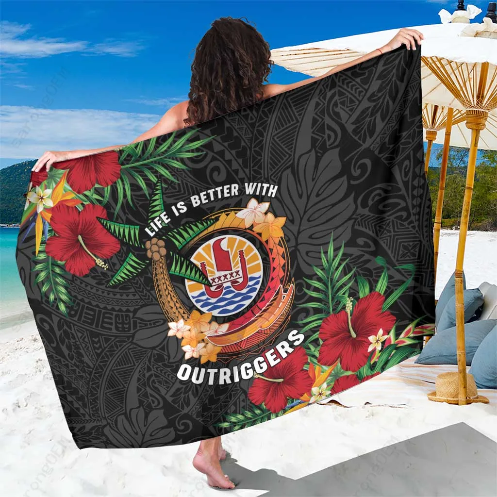 Tropical French Polynesia Outrigger Canoe Race Print Sarong Beach Wrap Island Vibe Cover Up Wholesale Pareo - main view