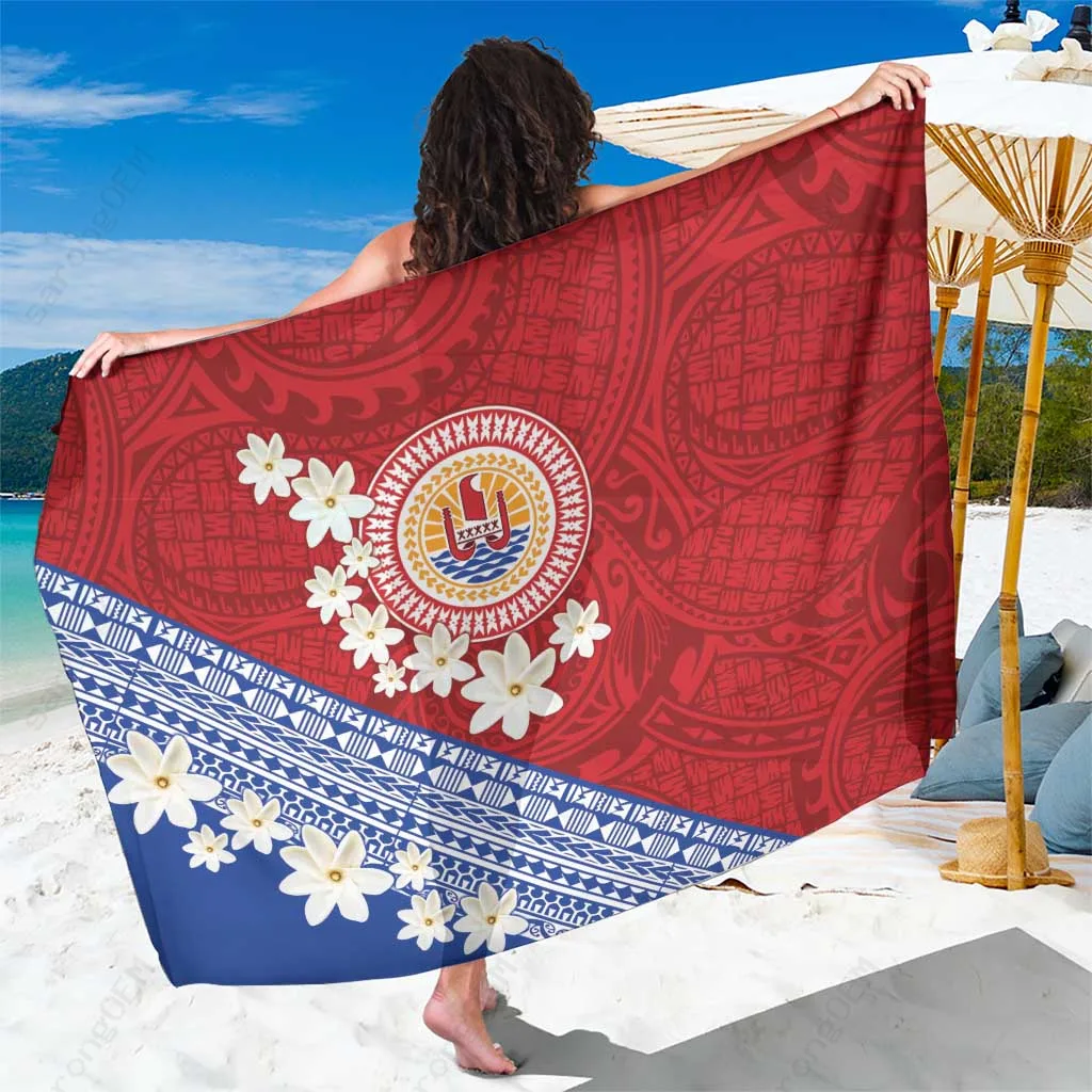 White Tribal Tiare Flowers Hibiscus Print Sarong French Polynesia Beach Wrap Wholesale Pareo - main view
