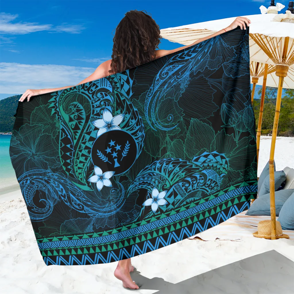 Blue Tribal Ocean Pattern Sarong with Wave & Fish Motifs Polynesian Style Beach Wrap Wholesale Pareo - main view