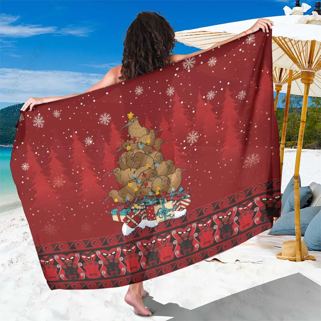 White Funny Kiwi Bird Xmas Tree Tribal Print Sarong New Zealand Christmas Spirit Beach Wrap Wholesale Pareo - main view