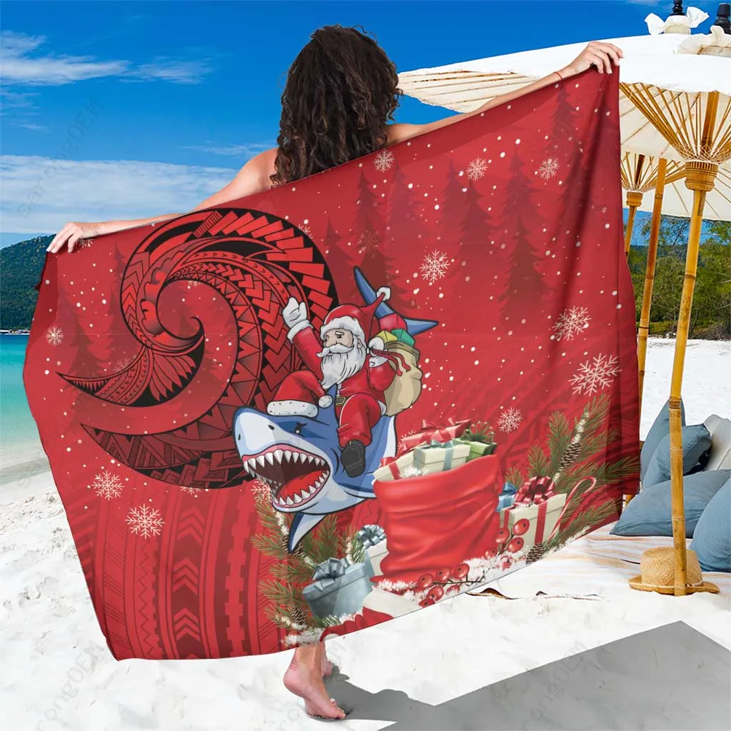 White Funny Santa Riding Shark Polynesian Tribal Print Sarong Beach Wrap Summer Holiday Resort Cover Up Wholesale - main view