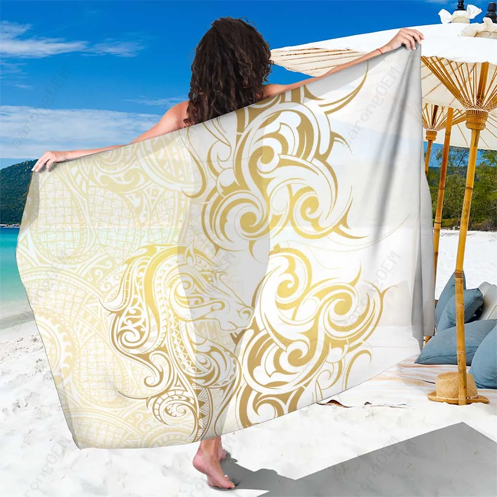 White Gold Maori Horse Racing Tribal Print Sarong South Pacific Tropical Beach Wrap Pareo Wholesale - main view