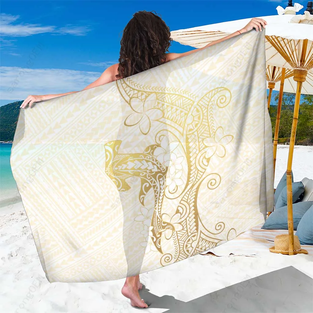 Gold & White Hawaii Sarong Hammerhead Shark Tattoo Curve Polynesian Beach Wrap Wholesale Pareo