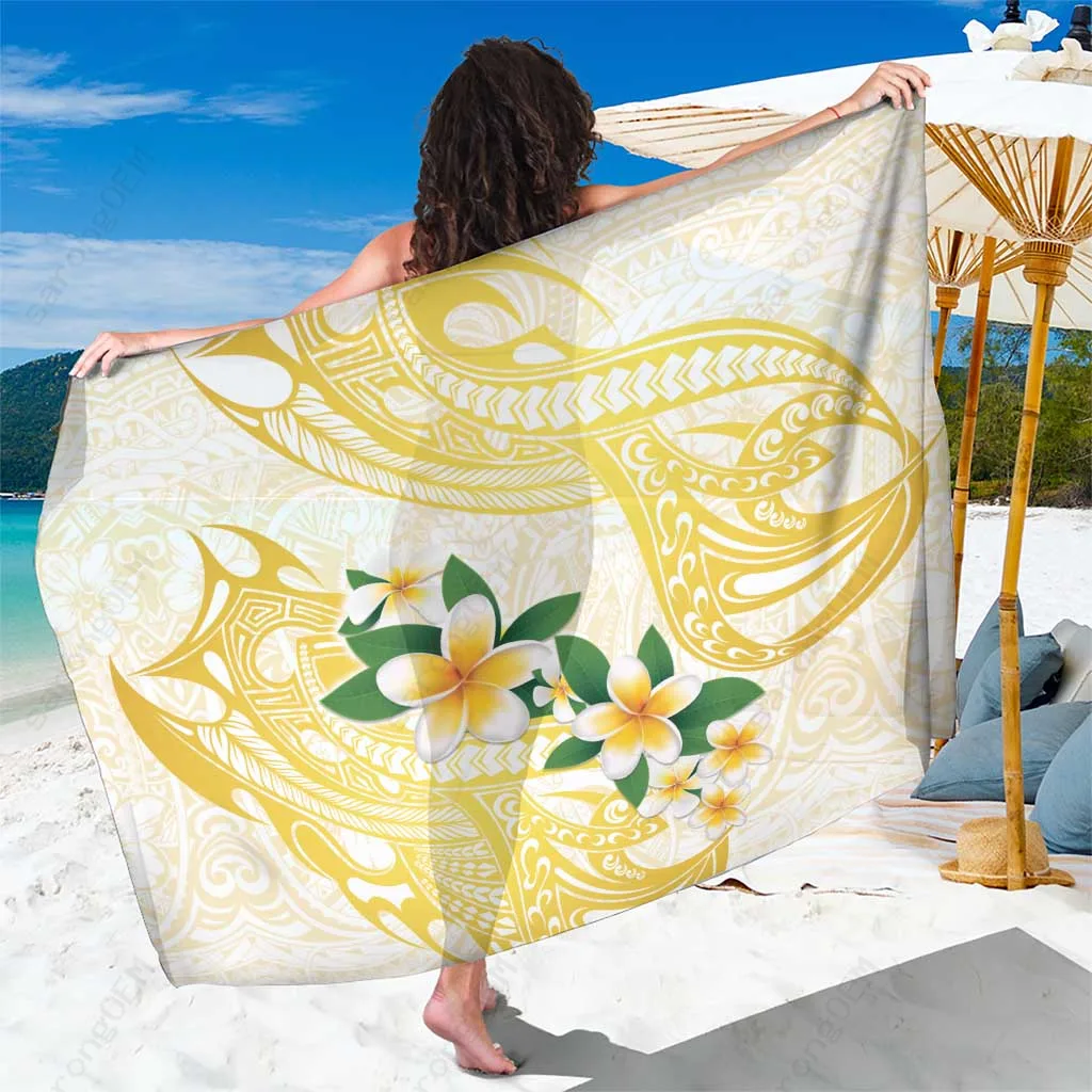 Gold & White Polynesia Plumeria Print Sarong Tropical Beach Wrap Wholesale Pareo - main view