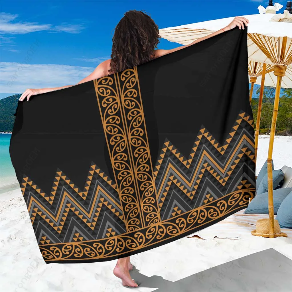 Gold Maori Mangopare Kowhaiwhai & Niho Taniwha Print Sarong Polynesian Beach Wrap Wholesale Pareo - main view