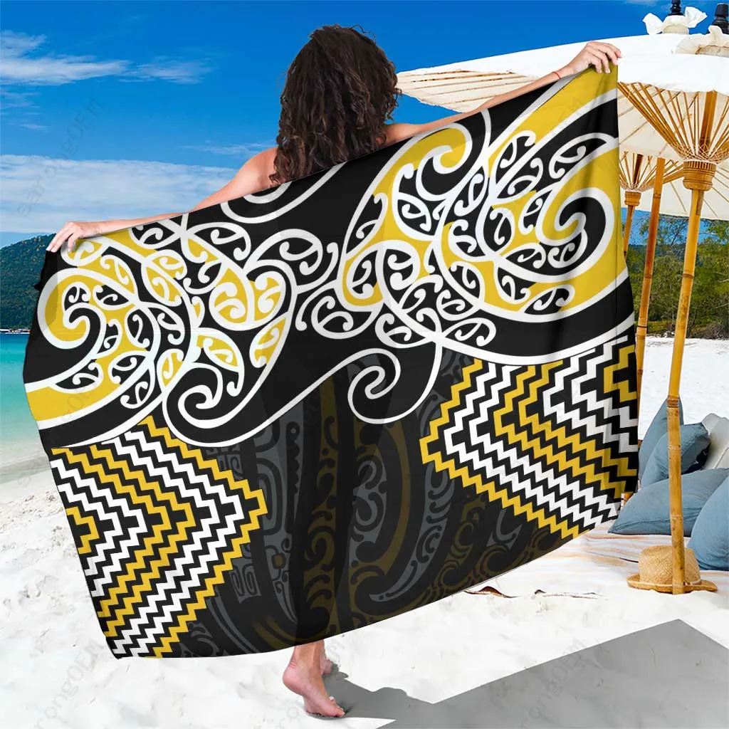 Gold Tribal Tukutuku Manawa Tapu Maori Print Sarong Polynesian Beach Wrap Pareo Wholesale - main view