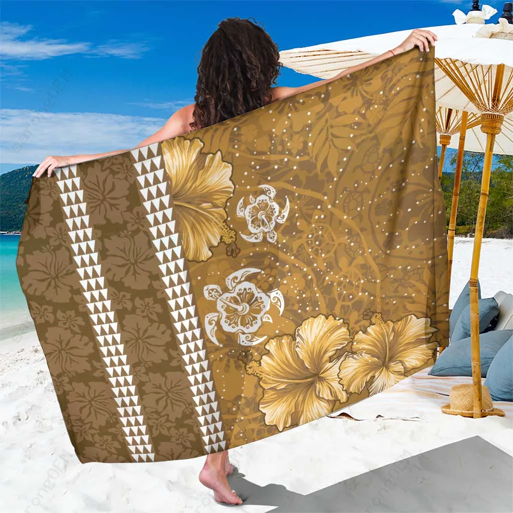 Gold Hibiscus Tribal Turtle Print Sarong Hawaiian Style Beach Wrap Pareo for Resort Wholesale - main view