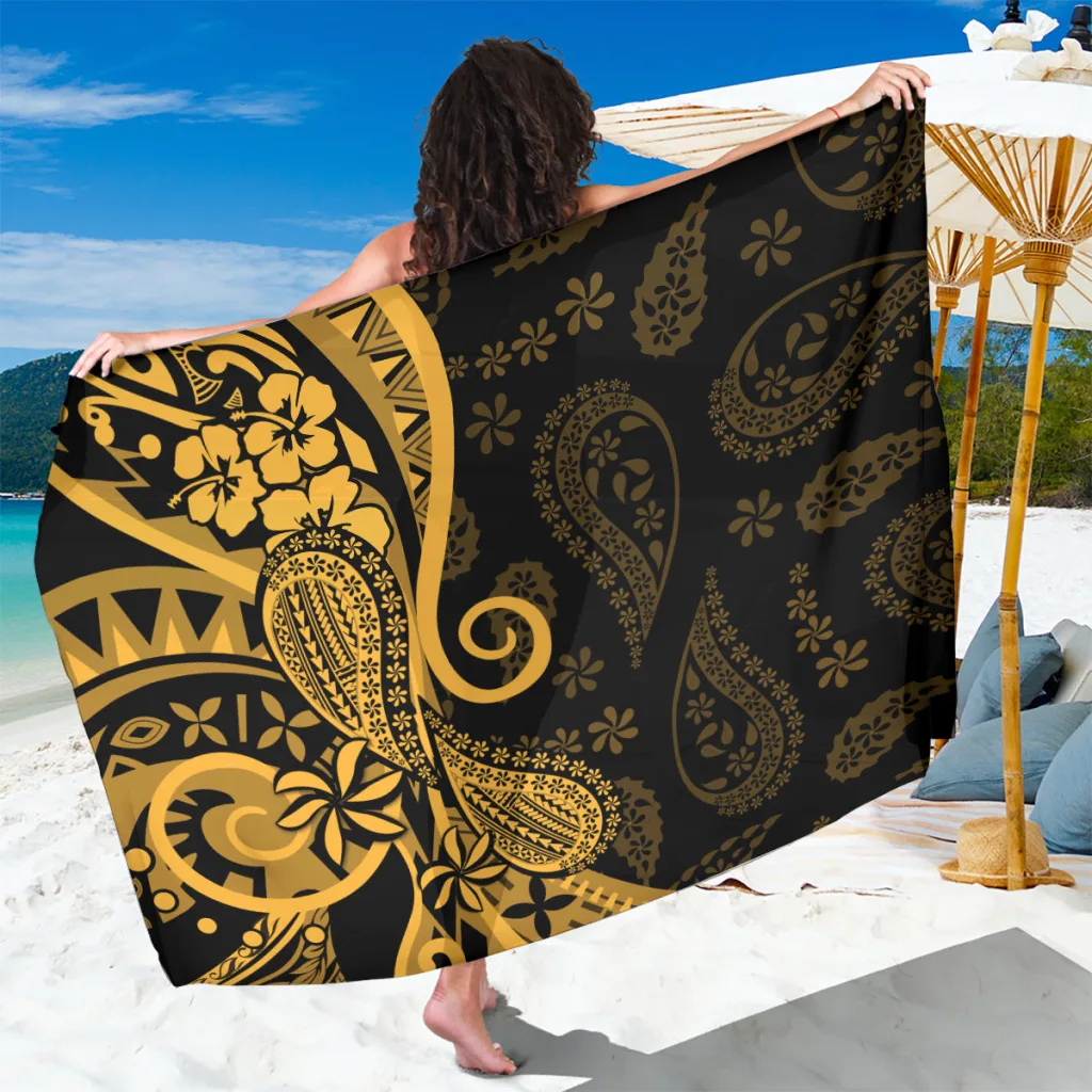 Gold Polynesian Tropical Flowers Paisley Print Sarong Beach Wrap for Resort Hotel Wholesale Pareo - main view