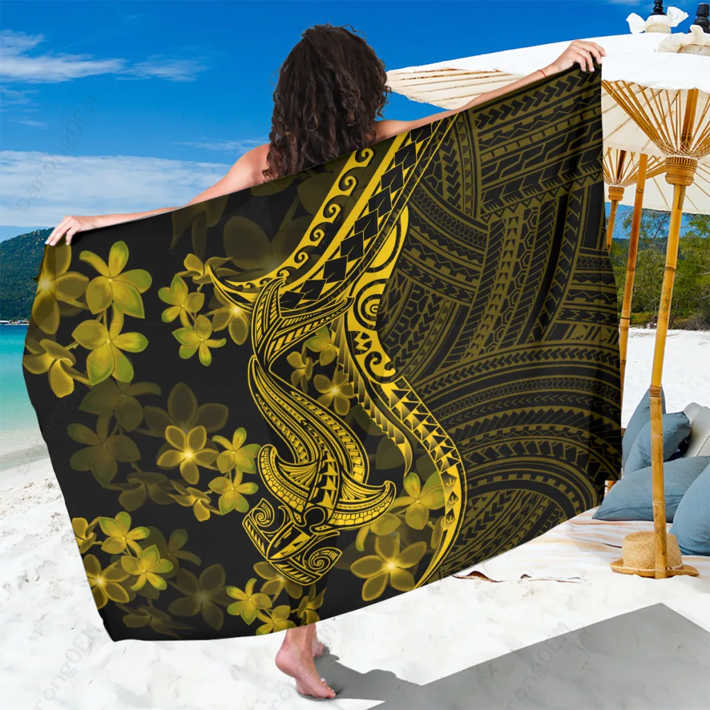 Gold Polynesian Plumeria Tattoo Sarong Beach Wrap Tropical Island Resort Pareo Wholesale - main view